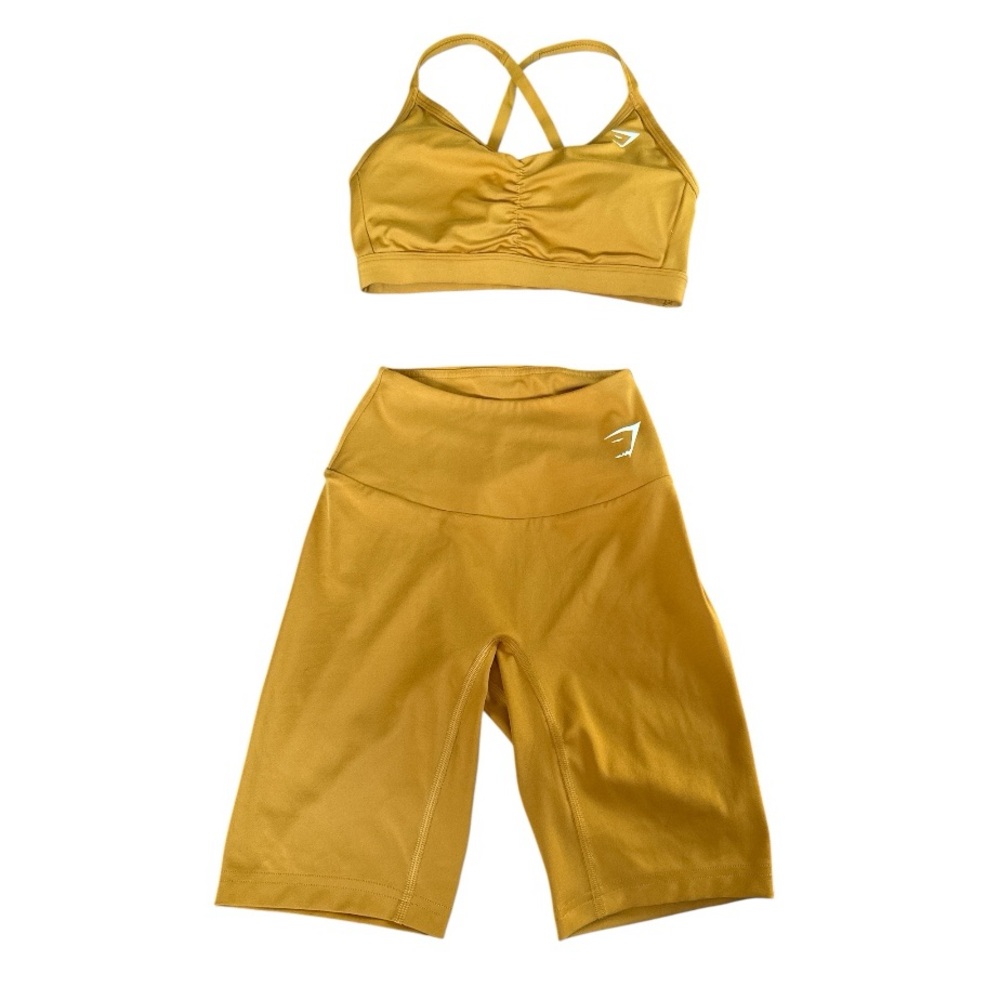 Gymshark Ruched Sports Bra and Bike Shorts Set XS Tumeric